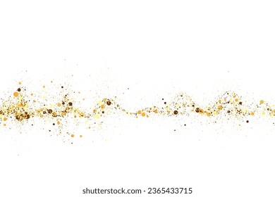 Abstract golden wave made of golden round confetti. Design element made of shiny gold lines with glitter effect on a white background.