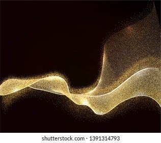 Abstract Golden Wave ribbon. Gold Lines Design. Shiny moving strips design element with glitter effect on dark background for xmas christmas card