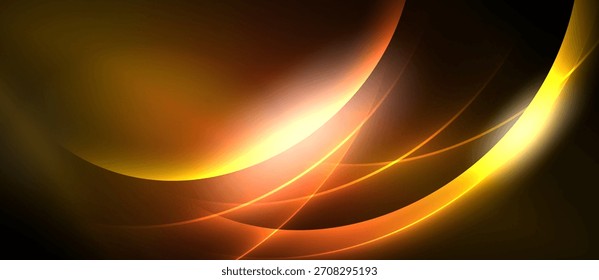 Abstract golden waves, dynamic light effects, dark background. Smooth curves create energy, warmth, visual impact.