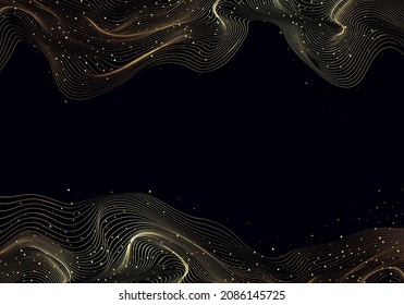 Abstract golden waves. Abstract frame. Shiny golden lines design element with glitter effect on dark background