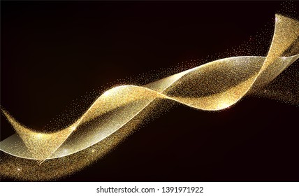 Abstract Golden Waves. Gold Lines Design. Shiny moving strips design element with glitter effect on dark background for xmas christmas card 