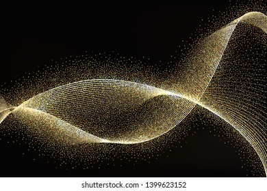 Abstract Golden Waves. Gold Lines Design. Shiny moving strips design element with glitter effect on dark background for xmas christmas card 