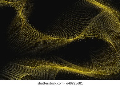 Abstract Golden Waves and Lines, Glittering Concept Ribbon on a Black  Background. Style Gold Abstractness Stripes. Template with Effects for Banner, Card, Logo, Poster. Vector Illustrations Design.