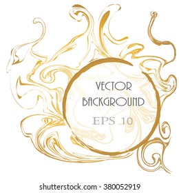 Abstract golden and white background with round frame. Golden ink stylized marble design with frame, border. Liquid ink background. Acrylic paint fluid.