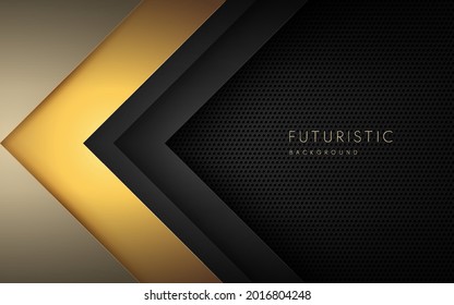 Resumen de formas de triángulo geométrico dorado y amarillo sobre fondo de metal oscuro. Modernas líneas doradas lujosas y brillantes con un efecto metálico negro. Concepto tecnológico futurista. Ilustración del vector