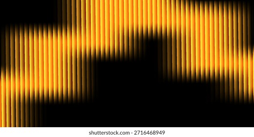 Abstraktes goldgelbes Wellenmuster aus leuchtenden vertikalen Linien auf schwarzem Hintergrund, das eine moderne digitale Textur erzeugt.