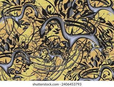 Abstract golden-blue-gray floral background for textiles or fabrics. Blurred backdrop with twirled decorative elements for business concepts, covers, holidays, events, scrapbooking, prints, interiors