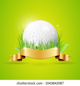 Abstract golf background with ball, grass, golden ribbon and copy space for your text - vector illustration