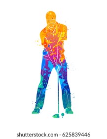 Abstract golf player from splash of watercolors. Vector illustration of paints.