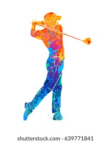 Abstract golf player from splash of watercolors. Vector illustration of paints.