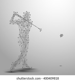 Abstract golfer in motion with cybernetic particles. Gray triangle thin line mesh spheres. Futuristic technology style. 