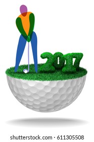 Abstract golfer and numbers of 2017 textured with grass on half golf ball with grass. Vector isolated illustration