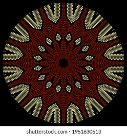 Resumen del patrón de Mandala 3d dorado. Fondo ornamental. Ornamento circular de encaje texturado. Vector de fondo moderno. Diseño de superficie decorativa con formas doradas abstractas, puntos. Diseño de lujo ordenado.