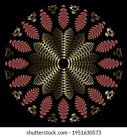 Abstract golg 3d mandala pattern. Ornamental background. Circular textured drapery ornament. Vector modern backdrop. Decorative surface design with abstract golden shapes, dots. Ornate luxury design.