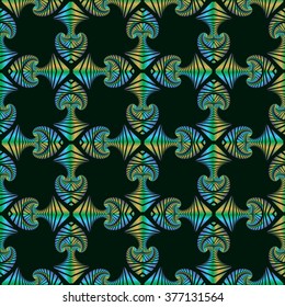 Abstract gorgeous seamless pattern with colorful metallic decorative ornament on dark green background