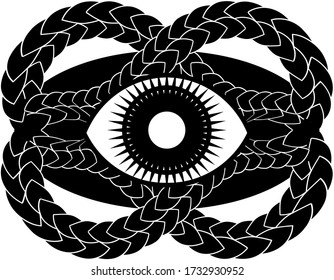 ilustración gótica abstracta con ojo enmarcado por piel de serpiente entrelazada