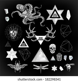 Abstract  gothic sacral illustration with polygon,  crystal design element, symbol, sign for tattoo