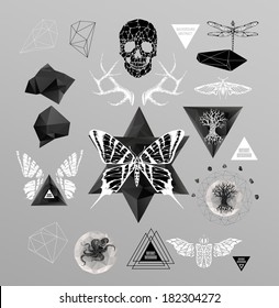 Abstract  gothic sacral illustration with polygon,  crystal design element, symbol, sign for tattoo
