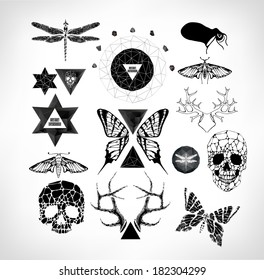 Abstract  gothic sacral illustration with polygon,  crystal design element, symbol, sign for tattoo