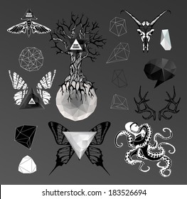 Abstract  gothic sacral illustration with polygon,  crystal design element, symbol, sign for tattoo