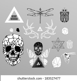 Abstract  gothic sacral illustration with polygon,  crystal design element, symbol, sign for tattoo