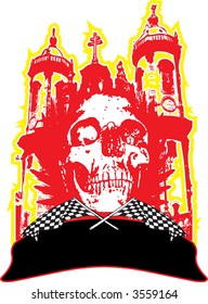 Abstract gothic skull placed over a church in red with room to add your own text