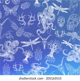 Abstract  gothic thin line design elements, octopus, the crystal skull, dragonfly, antlers, beetle, tree, symbol, sign for tattoo