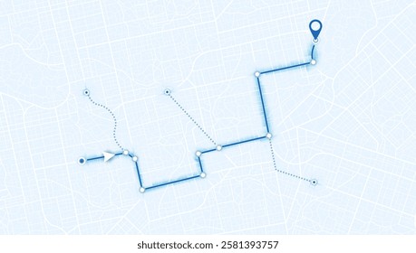 Abstract GPS navigation, location and map pointer. City map featuring directional signs, an intended goal point and multiple markers. Vector illustration with route, alternative paths.