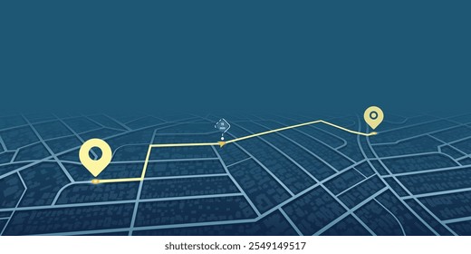 Abstract GPS navigation. Location tracker dashboard with data of arrive time. City street road with pins on map. Street roads and location, vector background. Huge city top view