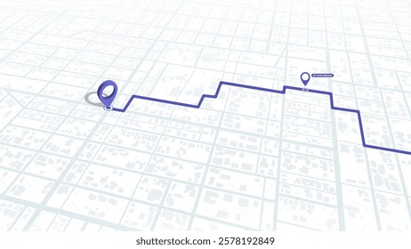 Abstract GPS navigation. Location tracker dashboard with data of arrive time. City street road with pins on map. Street roads and location, vector background.