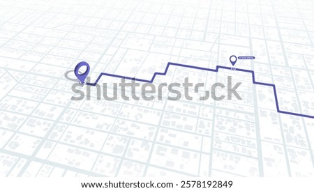 Abstract GPS navigation. Location tracker dashboard with data of arrive time. City street road with pins on map. Street roads and location, vector background.
