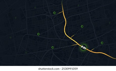 Abstract GPS navigation, smart car location and map pointer. City map featuring directional signs, an intended goal point and multiple markers. Vector illustration with route, alternative paths.