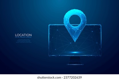 Abstract GPS pin on computer monitor screen. Digital location pin in futuristic low poly blue style with hologram effect on the monitor screen background. Polygonal vector illustration with 3D effect

