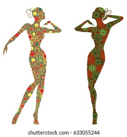 Abstract Graceful Lady Bodies, vector stencils fill with stylized colorful motley flowers, isolated on the white background