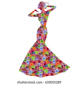 Abstract Graceful single Lady in long gown, vector stencil fill with stylized colorful motley flowers, isolated on the white background
