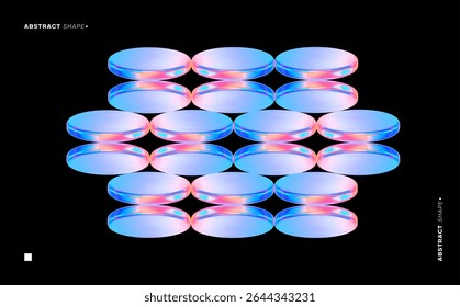 Abstract gradient 3d poster. Futuristic holographic background. Fluid gradient circle shape black background. Geometric technology abstract pattern. Iridescent glass round element. Vector illustration