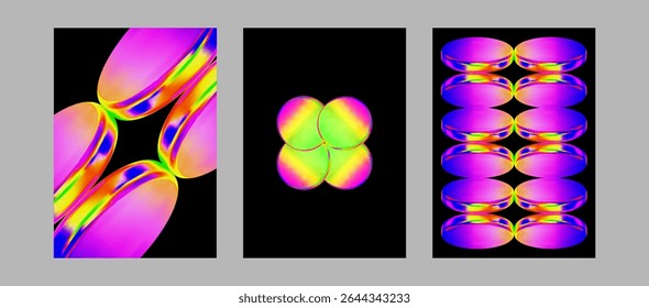 Cartel 3D de gradiente Abstractas. Fondo holográfico futurista. Fondo negro de forma de círculo de gradiente fluido. Patrón abstracto de tecnología geométrica. Elemento redondo de vidrio iridiscente. Ilustración vectorial