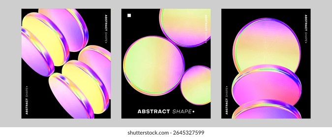 Abstract gradient 3d poster. Futuristic holographic background. Fluid gradient circle shape black background. Geometric technology abstract pattern. Iridescent glass round element. Vector illustration