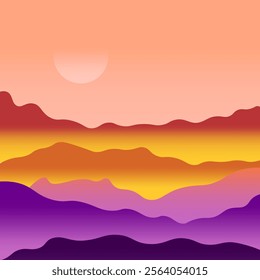 Abstract gradient artwork showcasing a vibrant sunset over layered terrain shapes in warm and serene tones. Ideal for conveying relaxation, peacefulness, and minimalistic artistic design concepts.