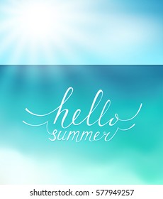 Abstract gradient background. Beach sea and sun. Lettering "hello summer". Sunny vector backdrop travel poster.