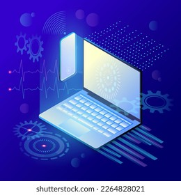 Abstract gradient background in blue colors with laptop and phone in isometric with hi-tech design elements