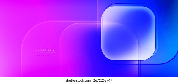 Fundo de gradiente abstrato. Tons azuis e roxos se misturam suavemente. Os retângulos arredondados se sobrepõem criando um efeito em camadas. Design minimalista.