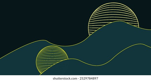 Abstract gradient background with dark green color with gold lines and shadow. Modern luxury rounded squares graphic pattern banner template design