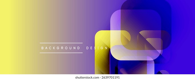 Abstract gradient background features overlapping squares. Yellow, purple hues create modern design. Text reads background design.