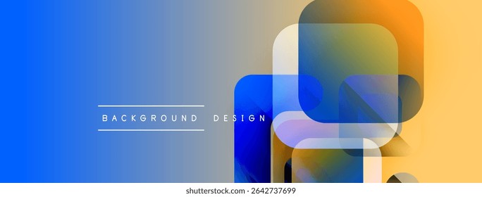 Abstract gradient background features overlapping squares. Blue, orange hues create modern design. Text reads background design.