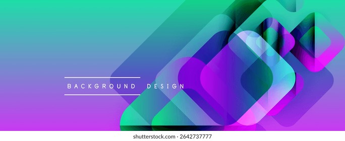 Abstract gradient background features overlapping squares. Vibrant colors blend from purple, turquoise, to green. Modern design element.