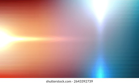 plano de fundo de gradiente abstrato com linhas horizontais vermelho quente, laranja e azul frio com luzes de lente amarelas e azuis brilhantes, efeitos dinâmicos e projetos modernos e sobreposições