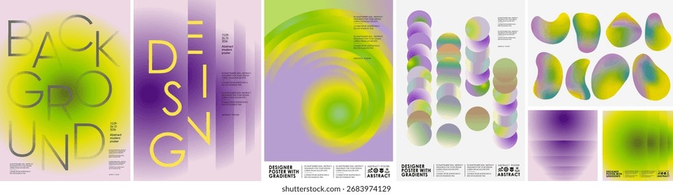 Abstract gradient background and fluid shapes. Vector illustrations featuring trendy pastel blends, modern geometric elements, art, circles, and objects in purple, green, and yellow for poster