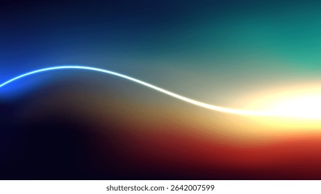 abstract gradient background with a glowing curved white line blending deep blue, teal, and warm orange red tones. vibrant modern design featuring a bright flare, creative projects and futuristic