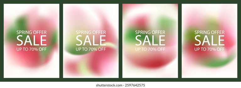 Abstract gradient background. Green color light vector blurred mesh. Organic fluid texture poster design set. Pastel liquid pattern in round glass lens. Soft sunny garden minimal backdrop. Modern wave